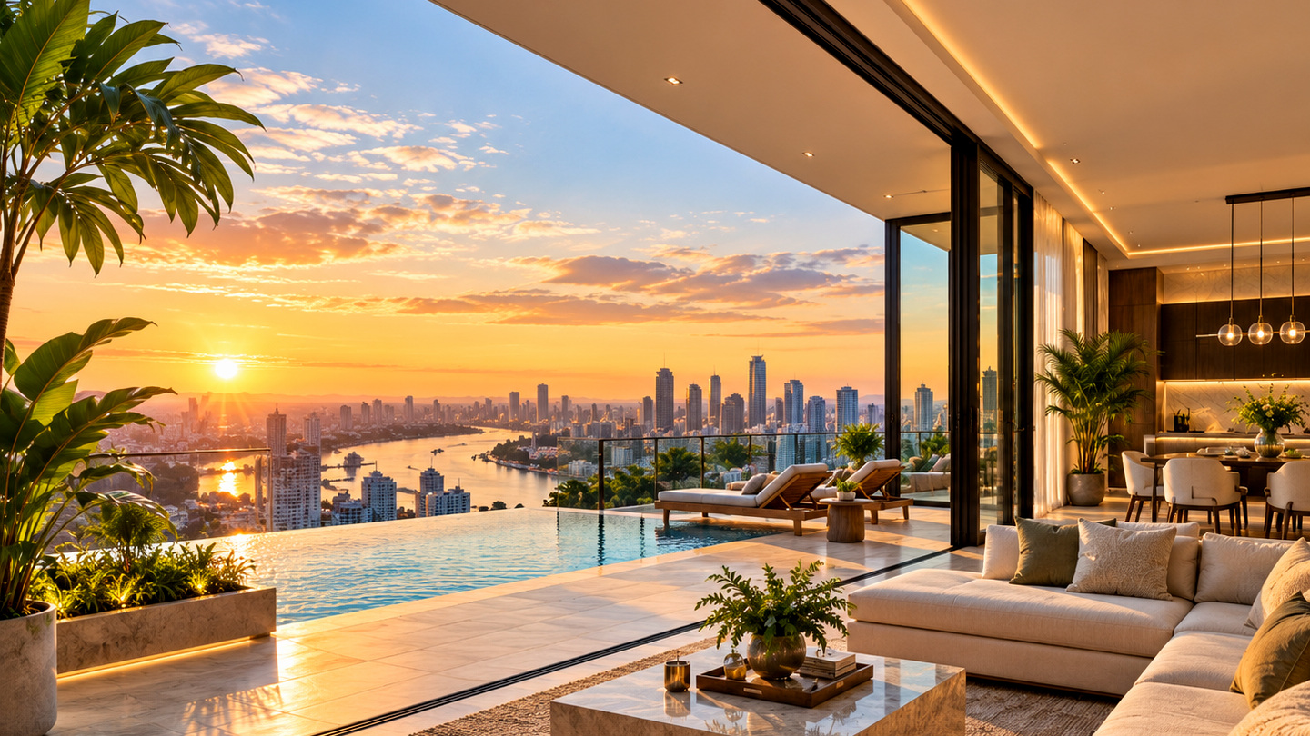 Coastal Holiday Villa with pool at sunset