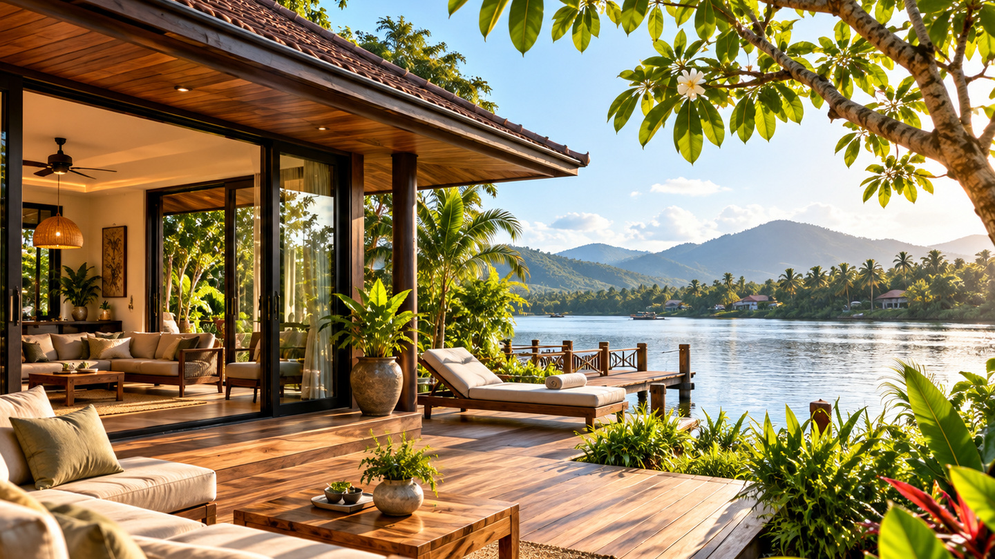 Kampot Riverfront Bungalow beside calm water and palms